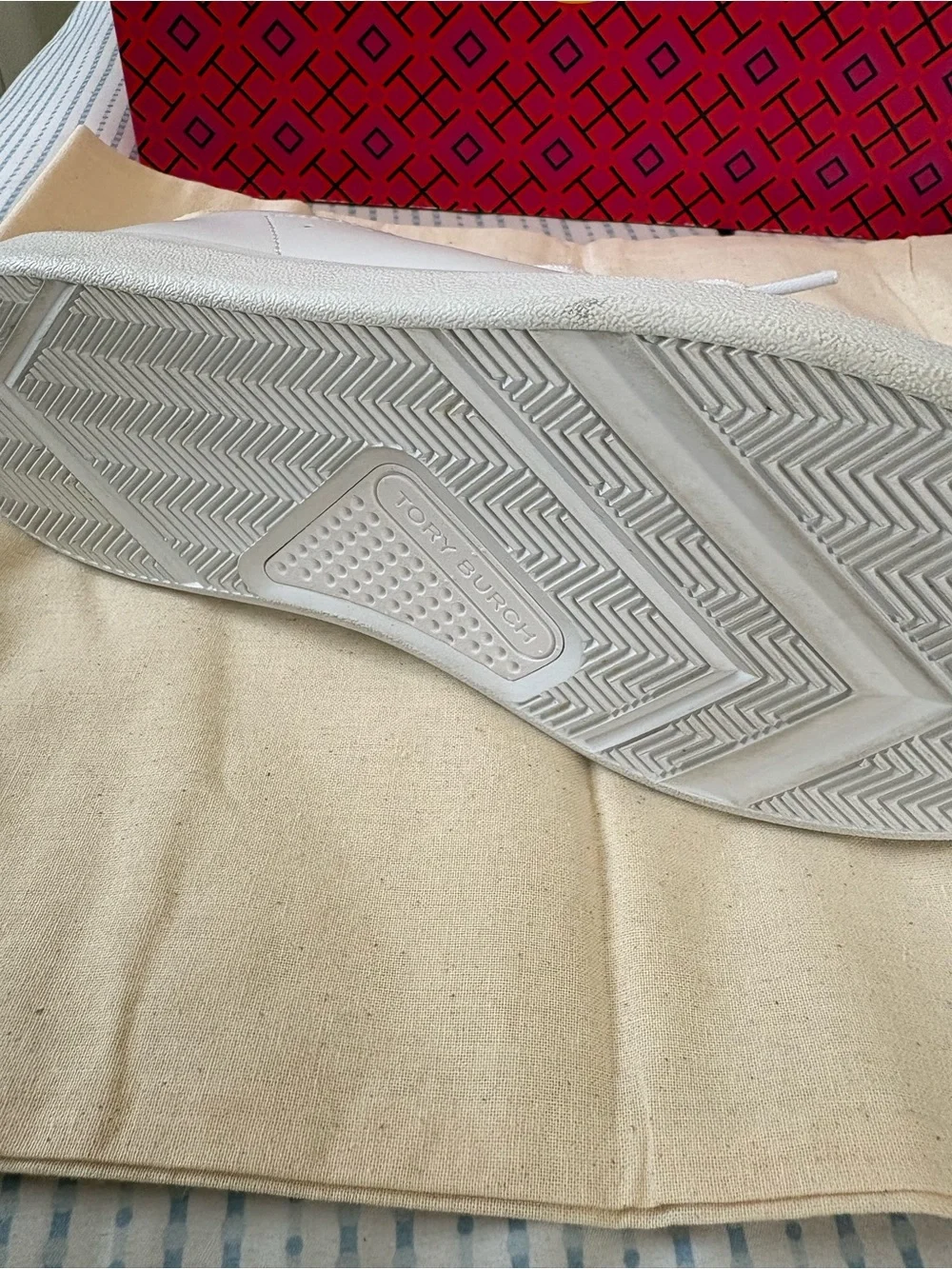 Tory Burch White Leather Low-Top Sneakers with Subtle Snake-Print Heel size 8.5.
